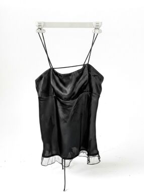 NWT Free People - Black Satin Slip Top with Sheer Trim Tie Back Womens Medium